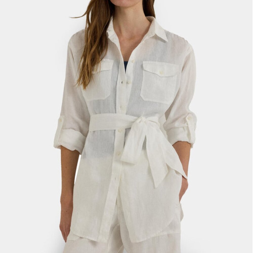 Women's Ralph Lauren Linen Tie-Waist Button Down White Shirt Size XS